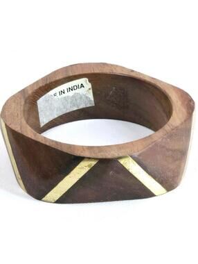 Faceted Wood Gold Tone Chevron Chunky Bangle Bracelet Made in India